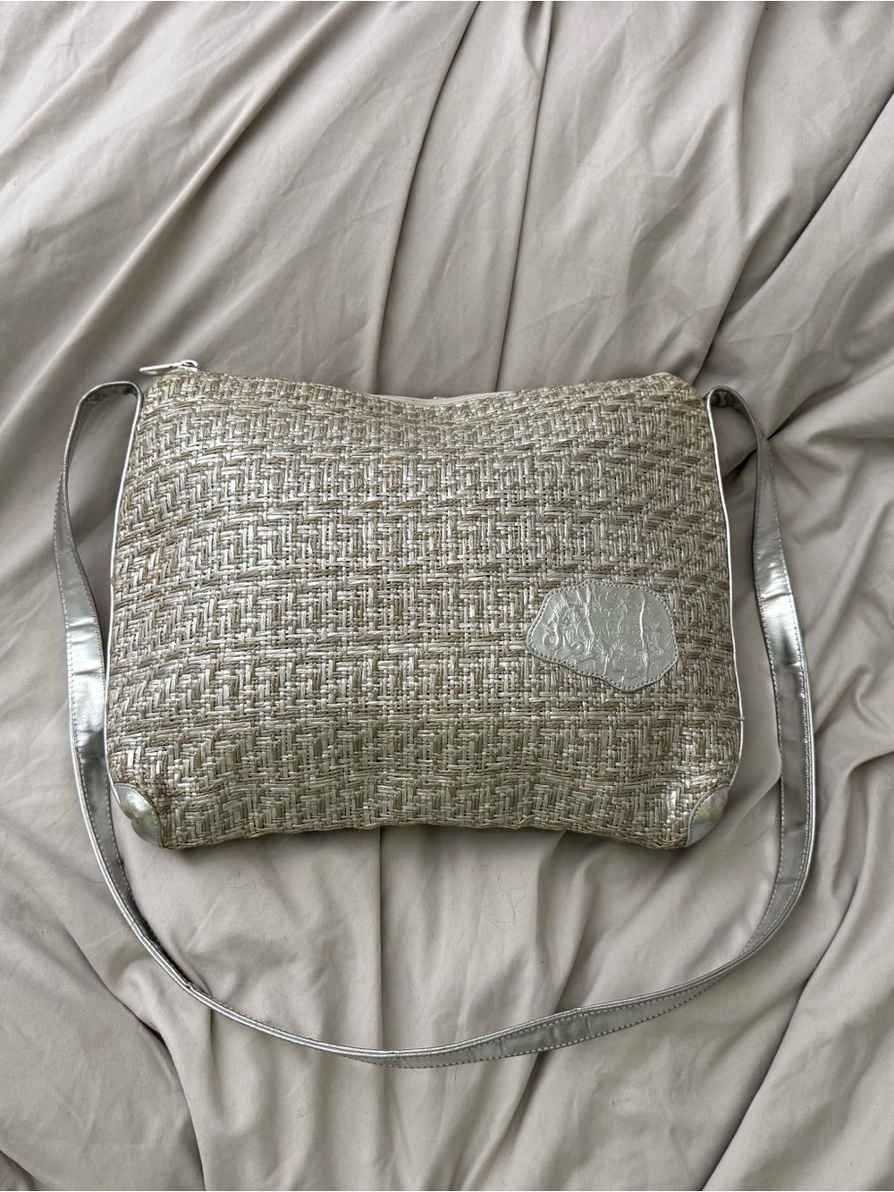 VINTAGE Carlos Falchi Metallic Silver Woven Crossbody Bag Slouchy Shoulder Tote